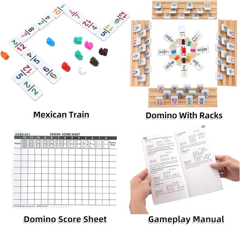 Doreimi Store Mexican Train Dominoes Set with Numbers and 8 Wooden Holders, Double 12 Dominos Set for Kids, Adults Travel Domino Train with 91 Tiles and Upgrated Hub, Classic Board Games for Family Night - Image 5
